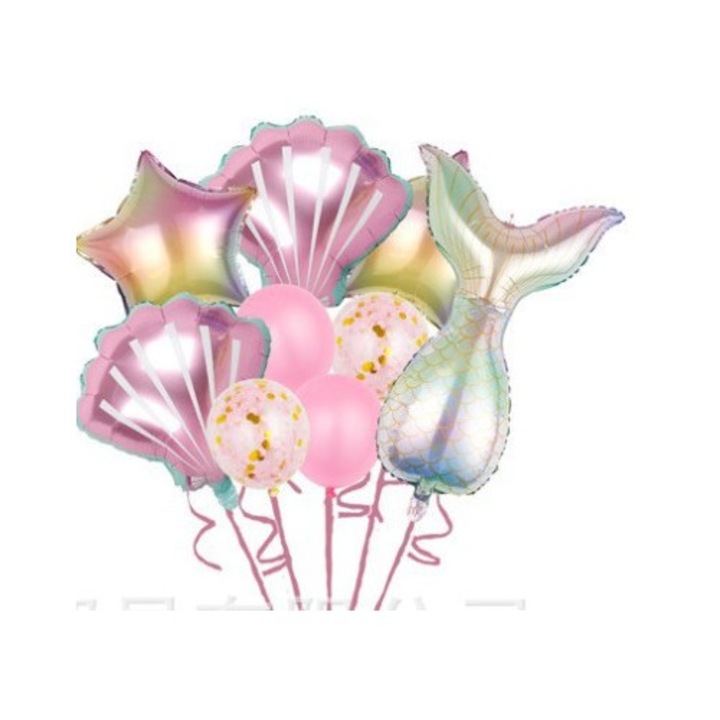 Комплект балони за рожден ден за момиченце, комплект от 9 балона, Leski, Тема Русалки, 5 фолиеви балона, 4 латексови балона, Металик розов