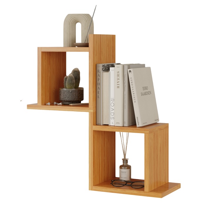 Etajera de perete modulara dubla Capri, design geometric modern, 2 rafturi cubice, montaj usor, dimensiuni 58x60x20 cm, ideala pentru carti, decoratiuni si plante, maro