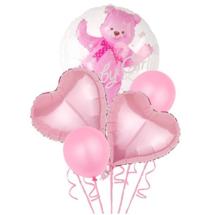 Set Baloane Aniversare, set din 5 bucati, 1 bucata urs, 2 inimi folie, 2 simple din latex Baby Girl, 60 cm Roz, Damur