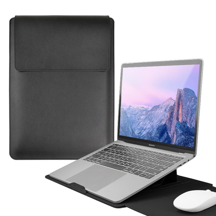 3 in 1 Husa laptop cu foldable stand, asskanaer, Husa ultra-subtire din piele ecologica, Impermeabil si rezistent la zgarieturi, Compatibila cu MacBook Air, MacBook Pro, Portabil, Piele PU, 15.4/16 inch, 28*37.4cm, Negru