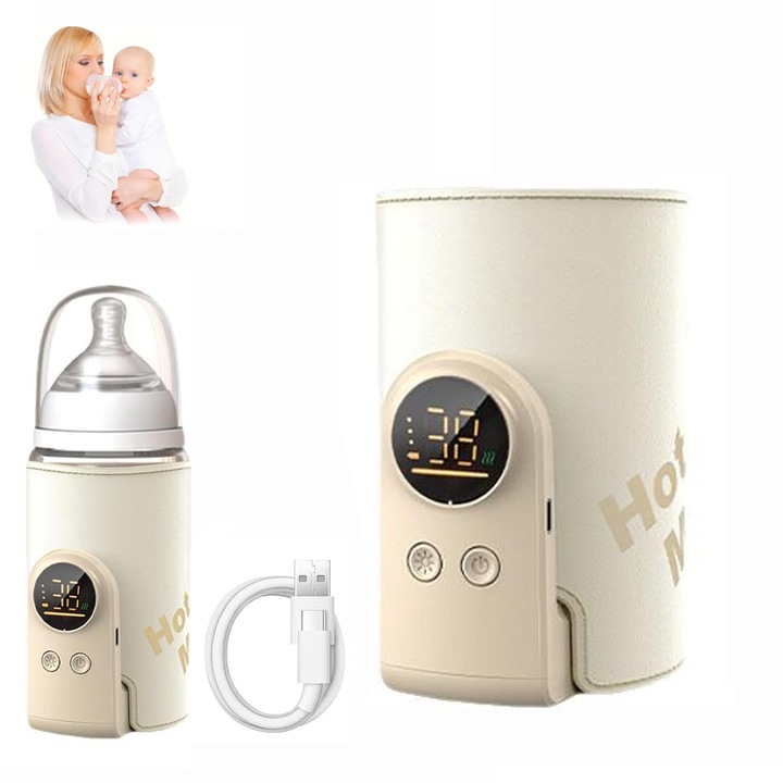 Incalzitor portabil pentru lapte, FooFoony, 8000 mAh, afisaj LCD, 6 viteze, Bej, 0.5 l