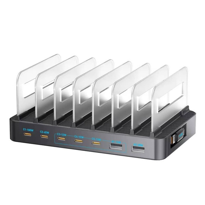 Настолна зарядна станция WLX-60H 288W, 8 порта (100W PD + 45W PD + 65W PD + 30W QC + 4x12W), GaN технология, разтегателен кабел, охлаждащ вентилатор, 8 защити, за лаптоп, телефон, таблет, за дома, офиса, пътувания, сив
