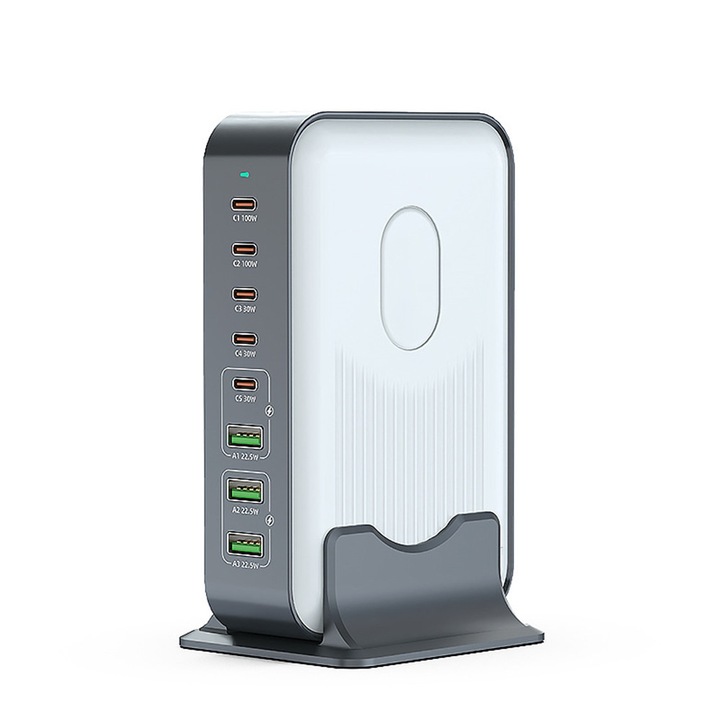 Настолна зарядна станция WLX-F8B, 8 порта (2xUSB-C 100W + 3xUSB-C 30W + 3xUSB-A 22.5W), обща мощност 200W, GaN технология, стабилна U-образна основа, множество защити, за лаптоп, телефон, таблет, сив