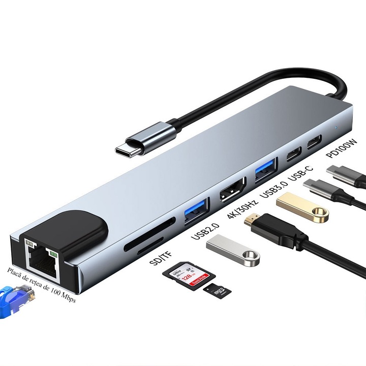 Hub USB-C 8 în 1, FooFoony, HDMI 4K, Încărcare Rapidă 100W, 2 Porturi USB 3.0, Aluminiu