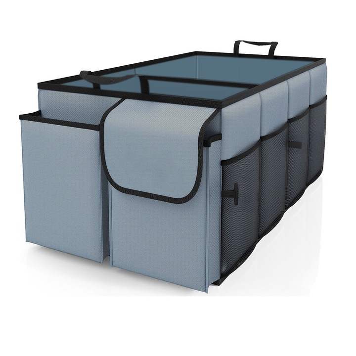 Organizator Portbagaj Auto Pliabil cu Mai Multe Compartimente, Cu Curele Ajustabile, Pentru SUV si Camioneta, Accesoriu Auto pentru Barbati si Femei, Usor de Transportat si Stocare Eficienta in Masina sau Alte Spatii, Gri
