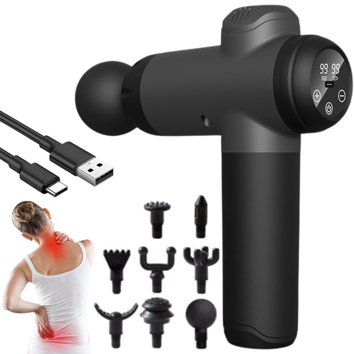 Pistol de masaj profesional Juksun, 99 viteze, 8 accesorii, 7200 RPM, recuperare musculara