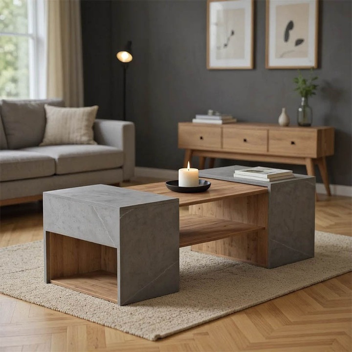 Set de 3 masute de cafea Morfi, stejar/bej marmorat, 105x45x37 cm