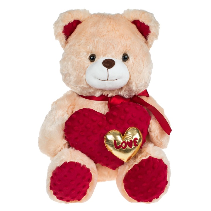 Ursulet de plus, bej, inima rosie si aurie, Love, 40 cm, Ziua indragostitilor