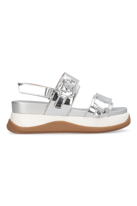 Liu Jo, Sandale flatform cu aspect metalizat si velcro, Gri deschis/Caramel/Argintiu