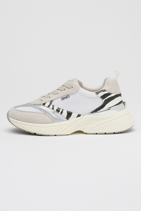Liu Jo, Nyersbőr és hálós sneaker állatmintás részletekkel, Törtfehér/Ezüstszín/Világosbézs