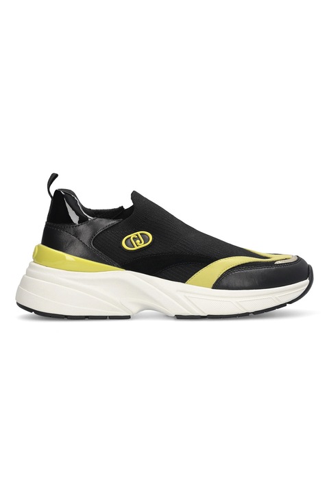 Liu Jo, Pantofi sport demiwedge de piele si material textil, Negru/Galben pal/Alb murdar