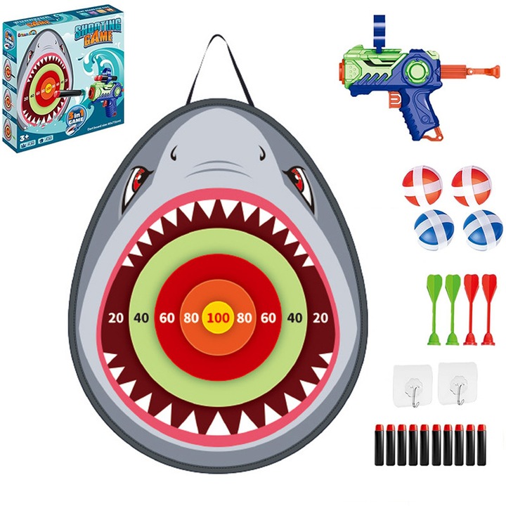 Set Joc Tinta NAXSIR pentru Copii 3+ Ani, NAXSIR, Tinta Rechin cu 4 Bile Colorate, 4 de Sageti cu Ventuza, 1 pusti cu aer, 10 gloante, 60x73 cm, Gri