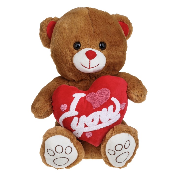 Ursulet de plus, maro, inima rosie cu mesaj alb, 40 cm, Ziua indragostitilor