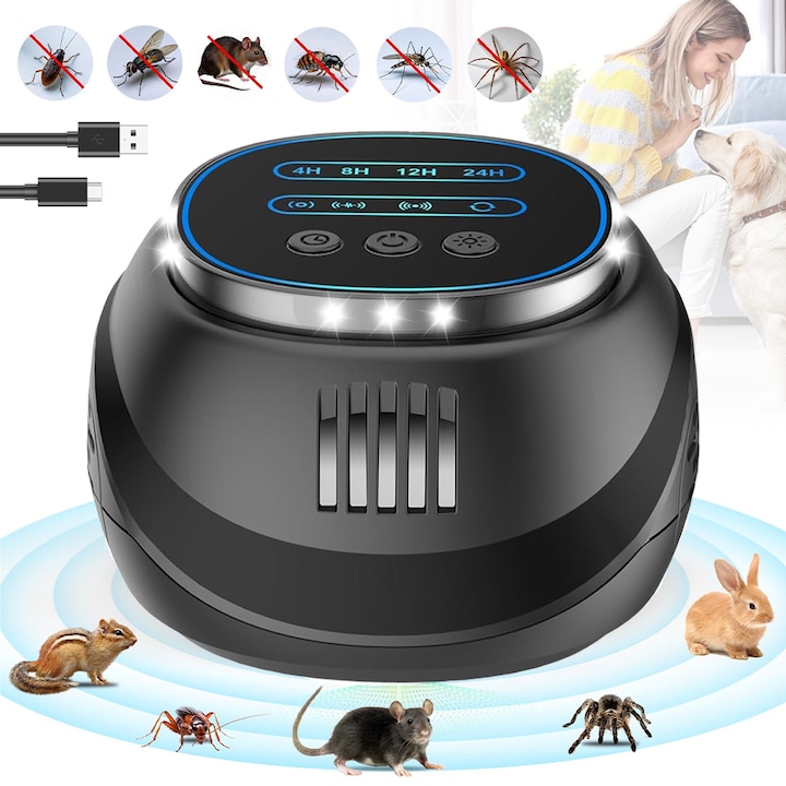 Aparat Profesional cu Ultrasunete, Bedee, Duo Pest Repeller,3-5W,4 moduri functionare, Anti rozatoare, Anti sobolani, 9.5Cmx6Cmx9.5Cm, Anti insecte, Unghi de propagare 360°,300 MP, Negru mat