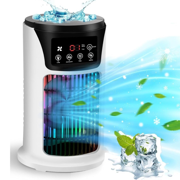 Ventilator de birou, Bedee,5-IN1 Mini Ventilator Portabil, Racitor de aer portabil, Pulverizare Fina,6 viteze, lumina LED cu 6 culori, rezervor de apa de 300 ml, motor turbo, cutie de gheata incorporata, alb
