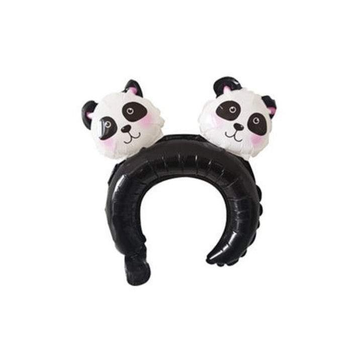 Fólia Lufi, Leski, Korona Alakú, Fülekkel, Panda Mintás, Egyedi Csomagolás, Szívószál Mellékelve, Levegővel vagy Héliummal Fújható, 30 x 27 cm, Kék