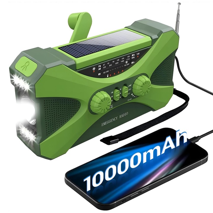 Аварийно метеорологично радио, LED фенерче, 3 режима на зареждане, динамо и слънчева енергия, USB зареждане, AM/FM, SOS аларма, За къмпинг, бедствия, земетресения, война, външна батерия 10000 mAh, зелено
