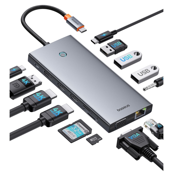 Statie de andocare Baseus PortalJoy 13-in-1, 2 x HDMI 4K, USB-C, 7, 48x4, 33x0, 75 cm