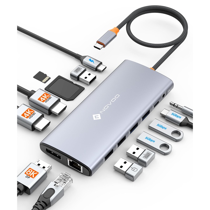Statie de andocare USB C NOVOO 14 in 1, 4K 60 Hz, 6 porturi USB C/A, 100 W, 7, 2x3, 86x0, 87cm