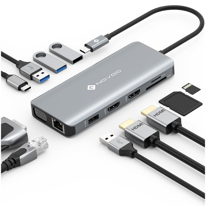 Statie de andocare, NOVOO, 11 in 1, USB C, Dual HDMI, 4x USB, 100W, 7, 56x3, 86x0, 83cm
