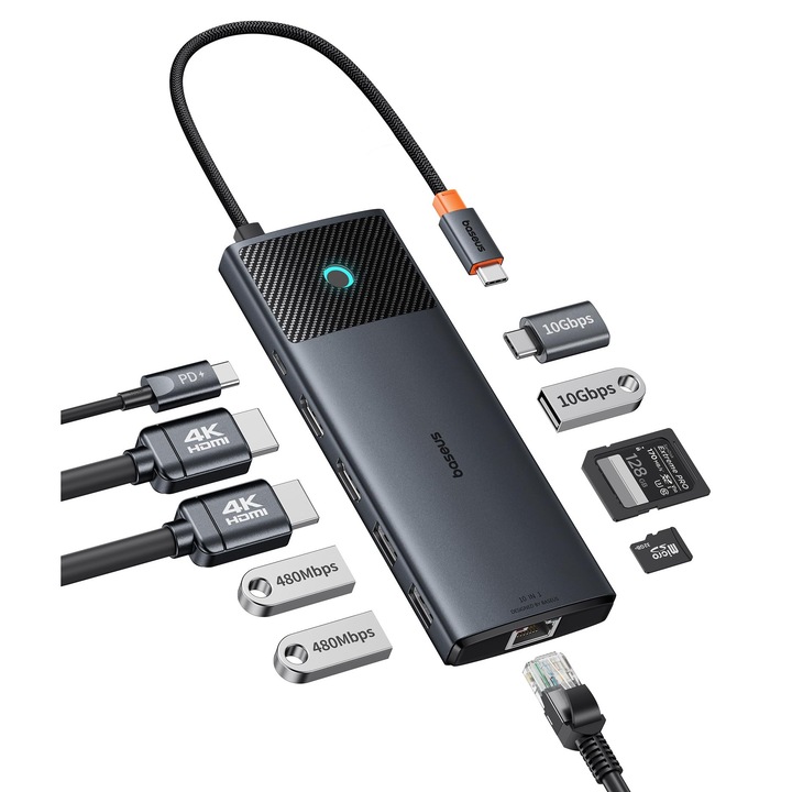 Stație de andocare Baseus 10-in-1 USB-C, 10 Gbps, 4K@120Hz, 2 HDMI, 2 USB-C, 3 USB-A, Gigabit Ethernet, SD/TF, 100W Power Delivery, 8, 9x3, 86x1, 14cm