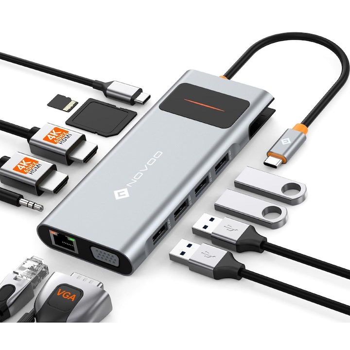 Statie de andocare, NOVOO, 12 in 1, 2 HDMI, USB-C, 7, 2x3, 35x0, 87cm