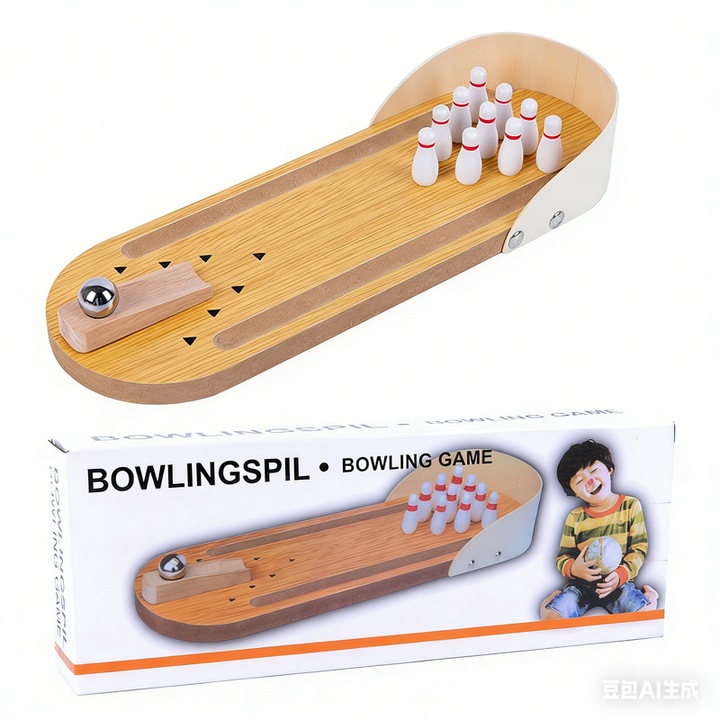 Set bowling lemn, mingi metalice, 10 piese, multicolor, 30x10x5cm