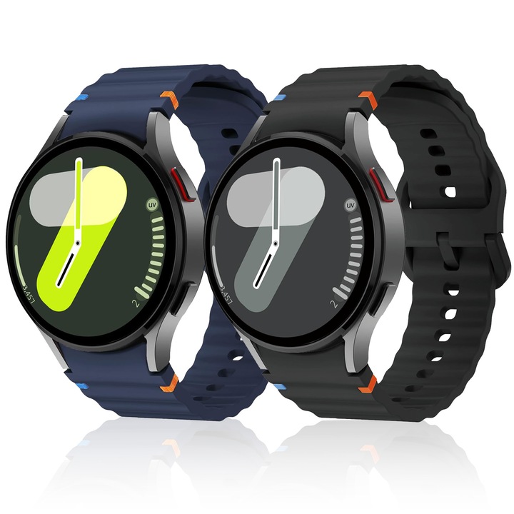 Set 2x Curele compatibile Samsung Galaxy Watch 7 / Watch FE / Watch 6 / Watch 5 / Watch 4, No Gap (fara spatiu), 20mm, Silicon cu linii decorative, Negru + Midnight Blue