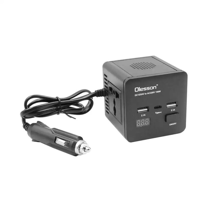 Invertor auto 150W, Tea Sports, 12/24V DC la 220V AC, 2xUSB, negru, 7, 4x7, 4x6, 9cm