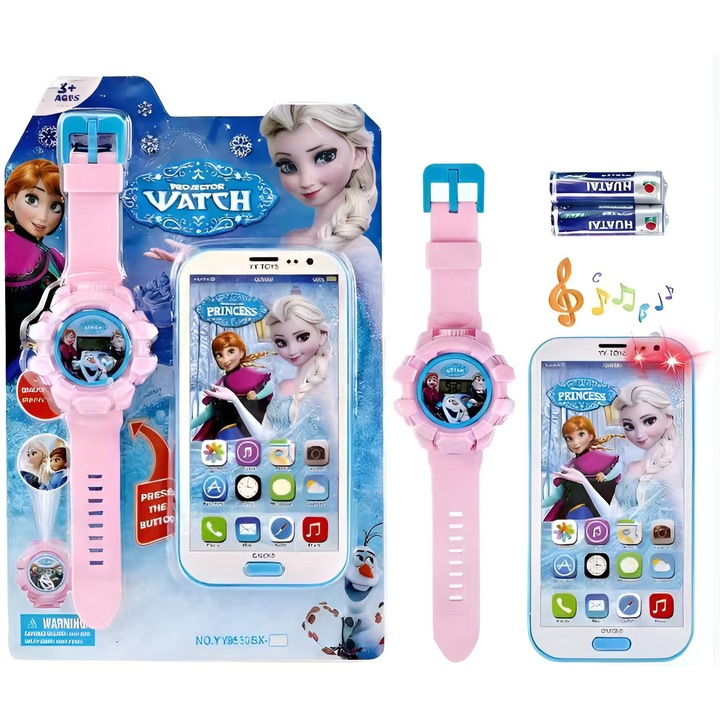Frozen órakészlet projektorral, Elsa és Anna, elektronikus, LCD kijelző, szilikon szíj és telefon, 21 cm, 3 év+
