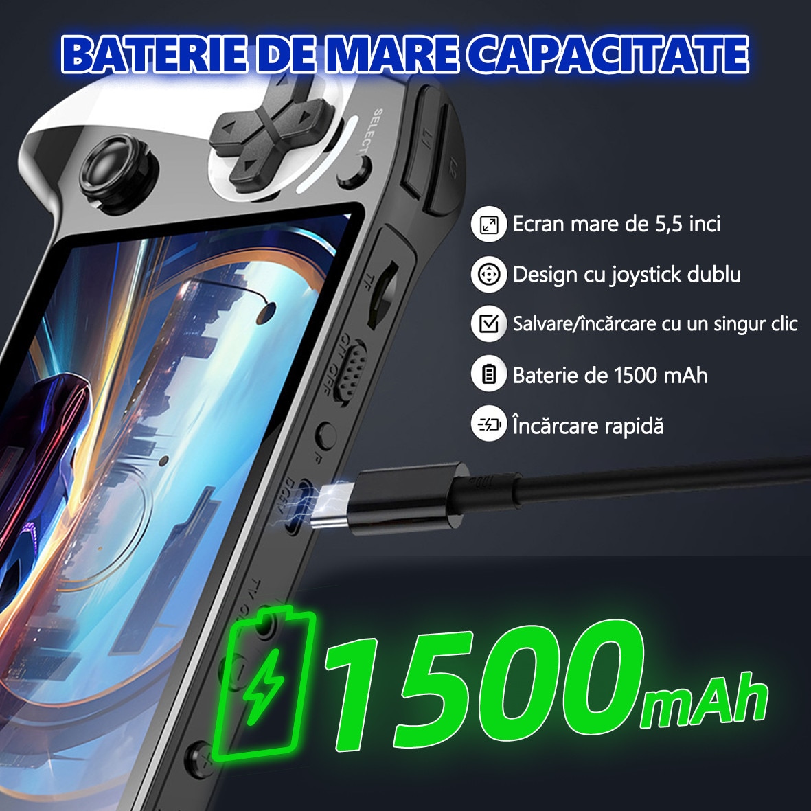Consola de jocuri portabila, Yulinland®️, Top 10 emulatoare, Ecran de 5,5 inci, iesire TV AV, incarcare USB, Suporta redarea MP3/MP4, Negru