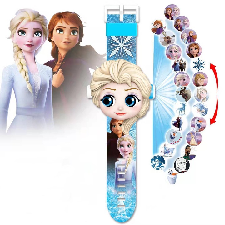 Ceas pentru copii Frozen cu proiector si afisaj digital, 24 imagini anime, multifunctional, 3 ani+