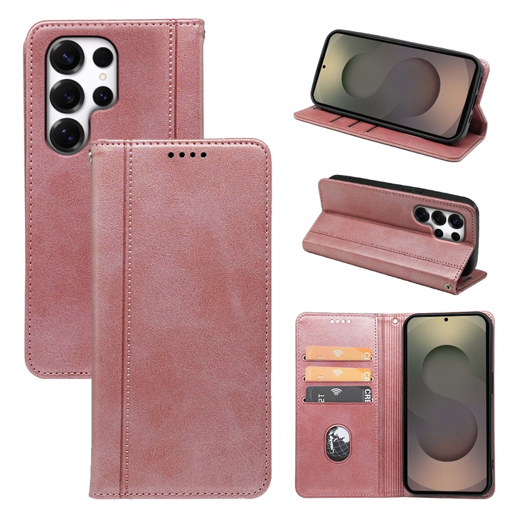 Калъф за телефон, Omelivon, тип портфейл, фина кожа, розов, съвместим със Samsung Galaxy S25 Ultra