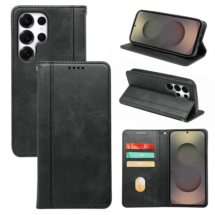 Husă portofel Omelivon, piele fină, negru, suport, pentru Samsung Galaxy S25 Ultra