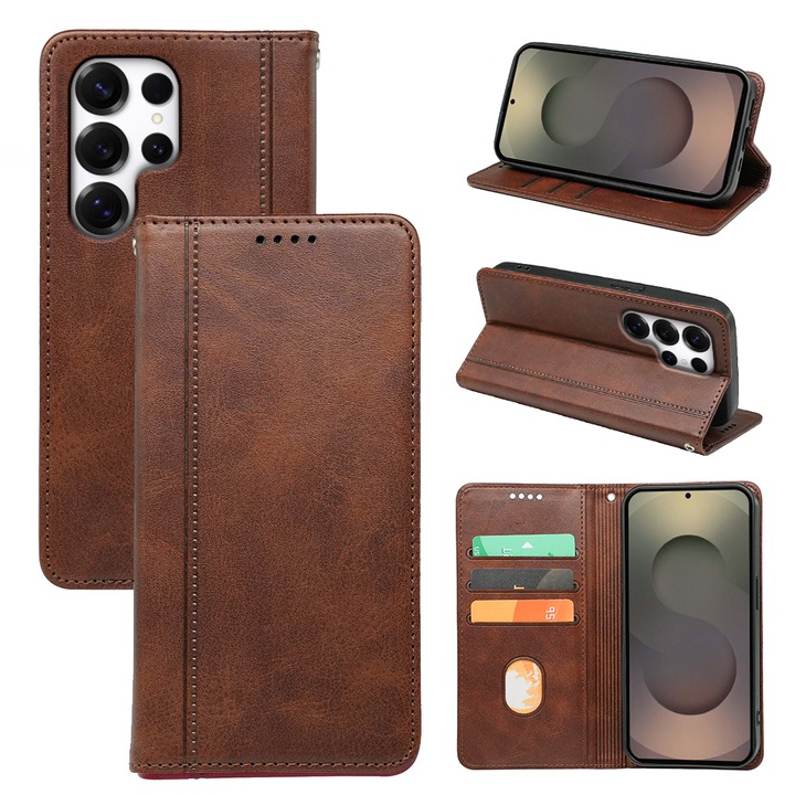 Husă portofel Omelivon, piele fină, cu suport, maronie, compatibilă cu Samsung Galaxy S25 Ultra
