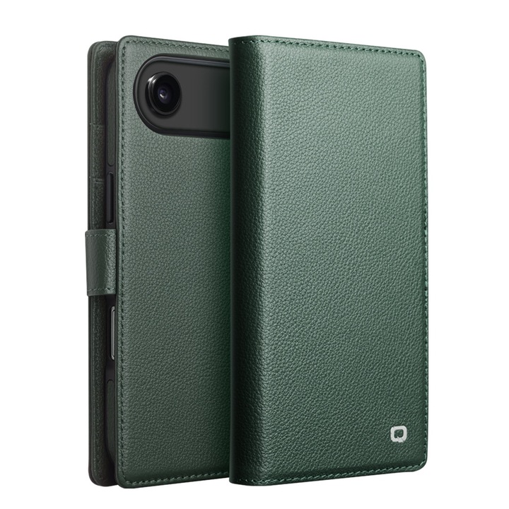 Многофункционален калъф за iPhone Air от естествена говежда кожа, с магнитно отделящ се гръб и вграден портфейл, съвместим с MagSafe и магнитни автомобилни стойки, с дискретно магнитно затваряне, Qialino, Зелен – Forest Green
