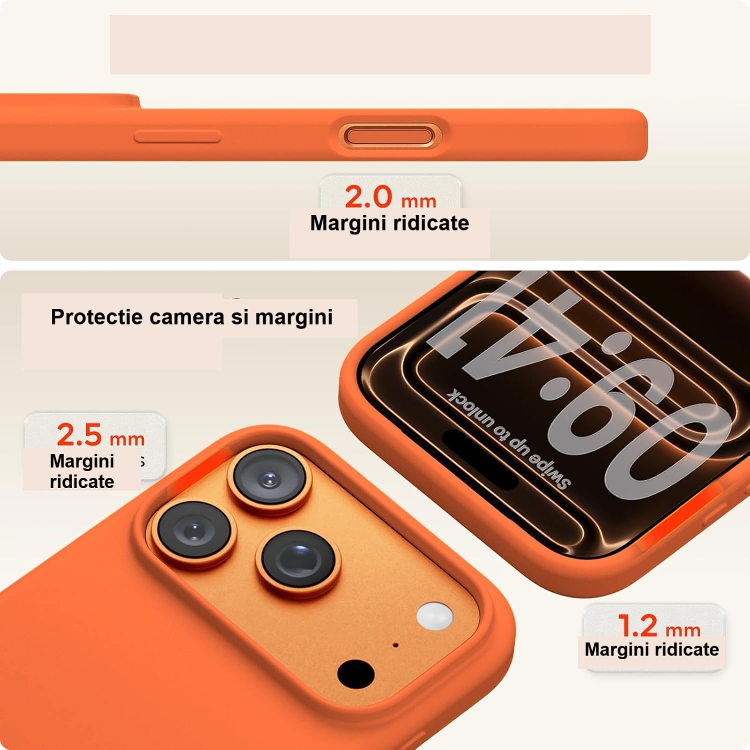 Husa protectie compatibila cu iPhone 17 Pro Max, slim, silicon, Portocalie cu interior din microfibra, protectie camera, protectie ecran, ISAG