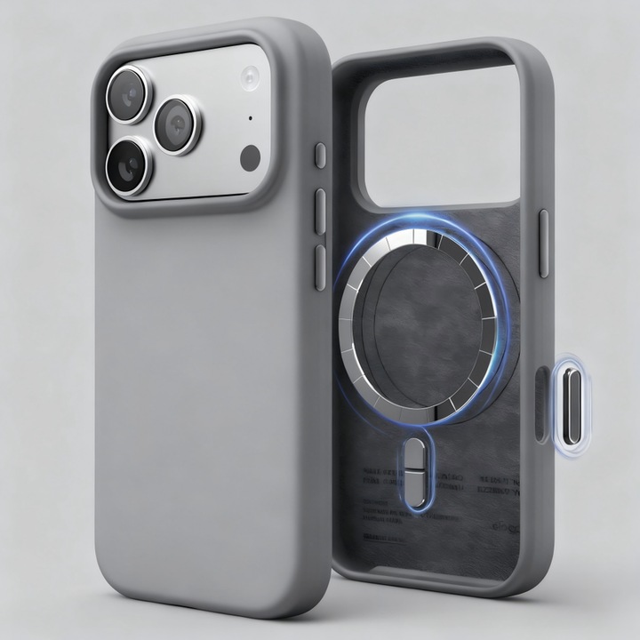 Husă protecție MagSafe pentru iPhone 17 Pro Max, gri, margini ridicate, absorbție șoc, set