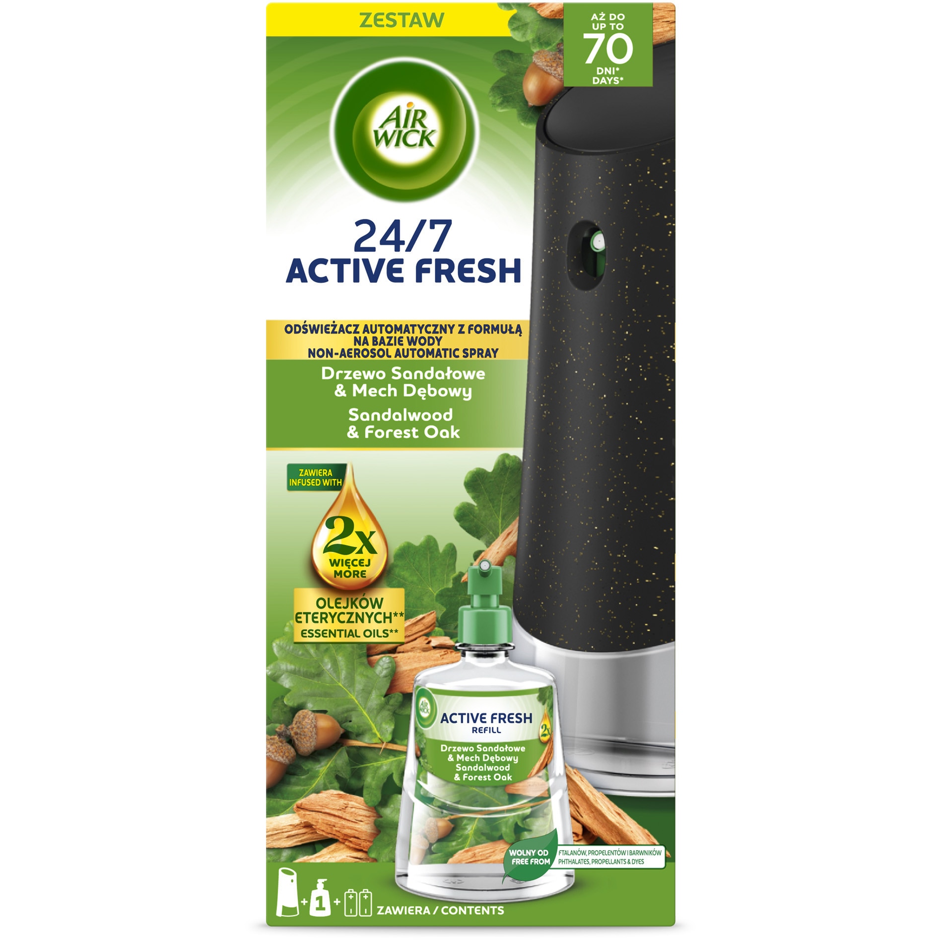 Odorizant de camera kit spray automat fara aerosoli Air Wick, Stejar si Lemn de santal, 228ml