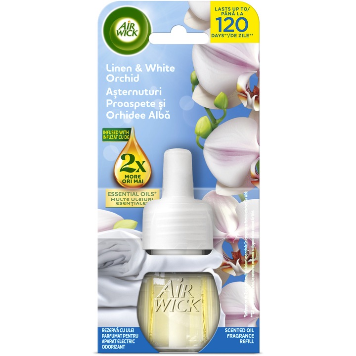Rezerva aparat electric odorizant de camera Air Wick, Asternuturi proaspete si orhidee alba, 19 ml