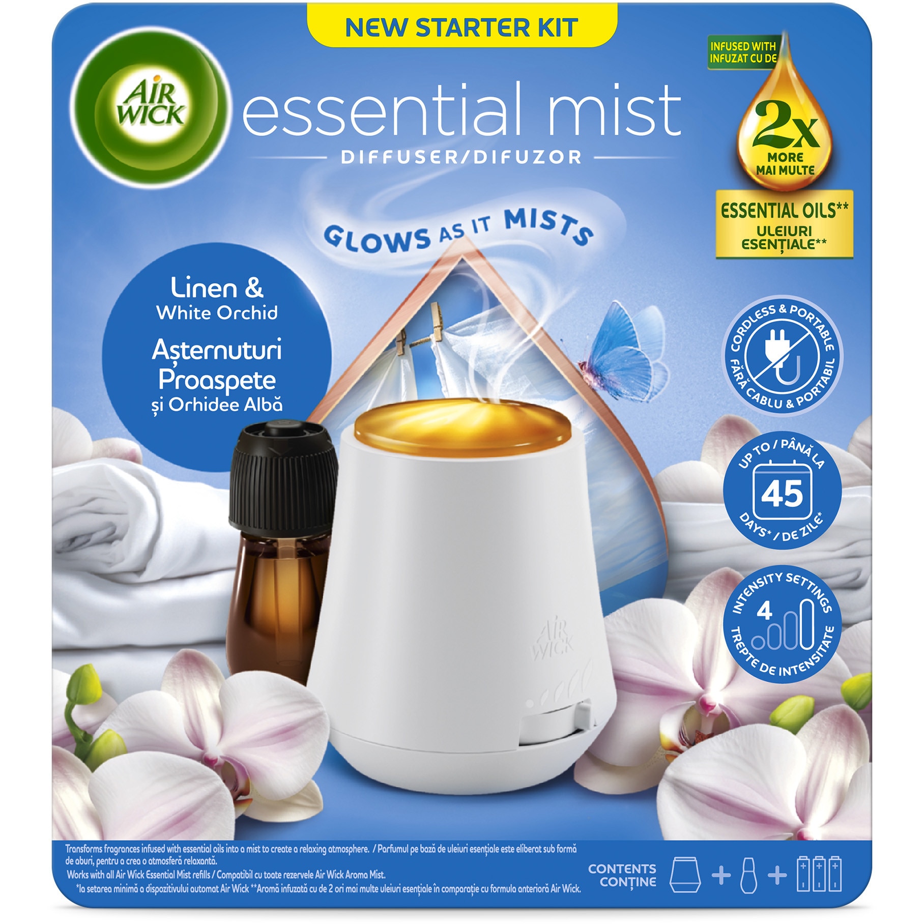 Difuzor de parfum cu uleiuri esențiale Aroma Mist Asternuturi Proaspete si Orhidee Alba, 20ml