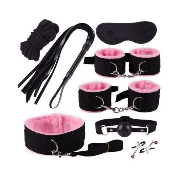 Комплект ластици за коса, Черно/Розово, Текстил, 10 аксесоара