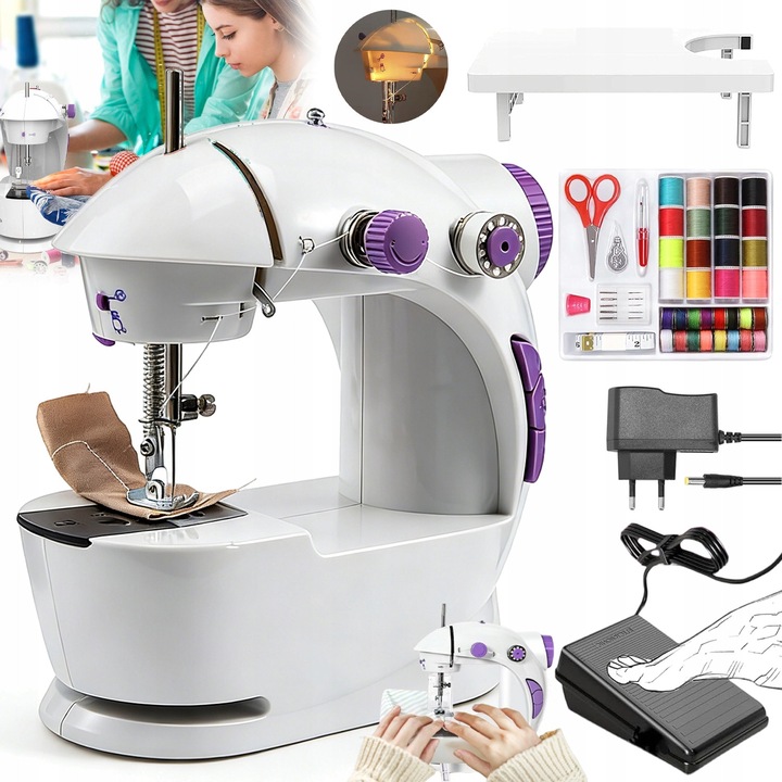 Set Mini Mașină de Cusut Electrică, Alb și Mov, Dimensiuni 27, 7x21, 5x7, 1 cm, 2 Viteze