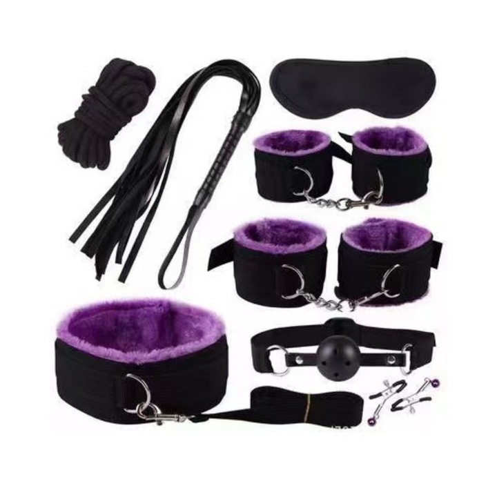 Комплект за бондаж, Текстил, Черен/Лилав, 9 части