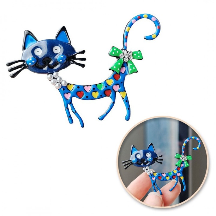 Dekoratív kék CAT bross szívekkel és masnival BZ149