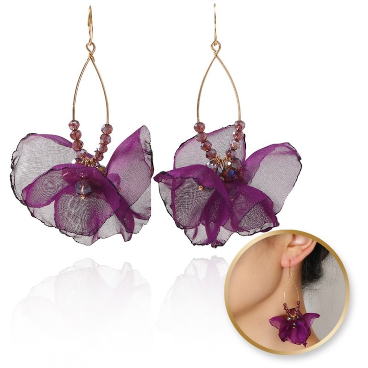 Lógó fülbevalók, szemet gyönyörködtető tüll gyöngyökkel, lila K1701
