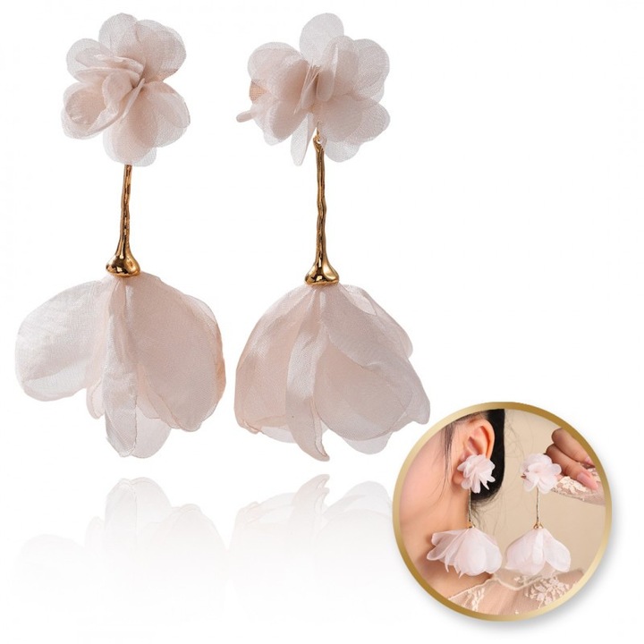 Függő fülbevaló, szemet gyönyörködtető tüll virág, púderrózsaszín K1704