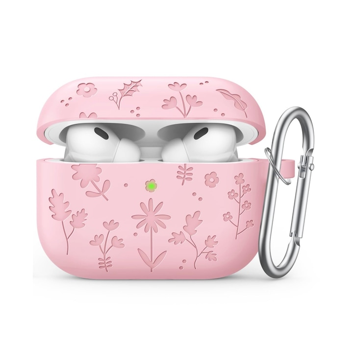 Husă de protecție din silicon ZYciyci cu carabină, roz cu flori, pentru Samsung Galaxy Buds3/Buds3 Pro/Buds3 FE