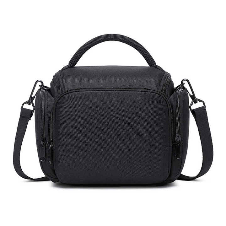 Geanta aparat foto video pentru umar, AFKSMILE, Geanta impermeabila de umar pentru camere foto DSLR, 1 compartiment central si 3 buzunare laterale, Curea Reglabila, Impermeabila, Panza Oxford/Poliester, 17*10*16cm, Negru