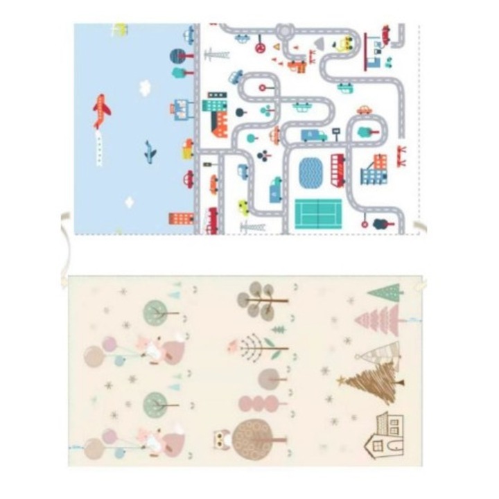 Covoras de joaca pentru copii termic cu 2 fete, model vulpi si pista de masini, cu spuma, impermeabil, antiderapant, 200cm x 160cm x 0.6cm